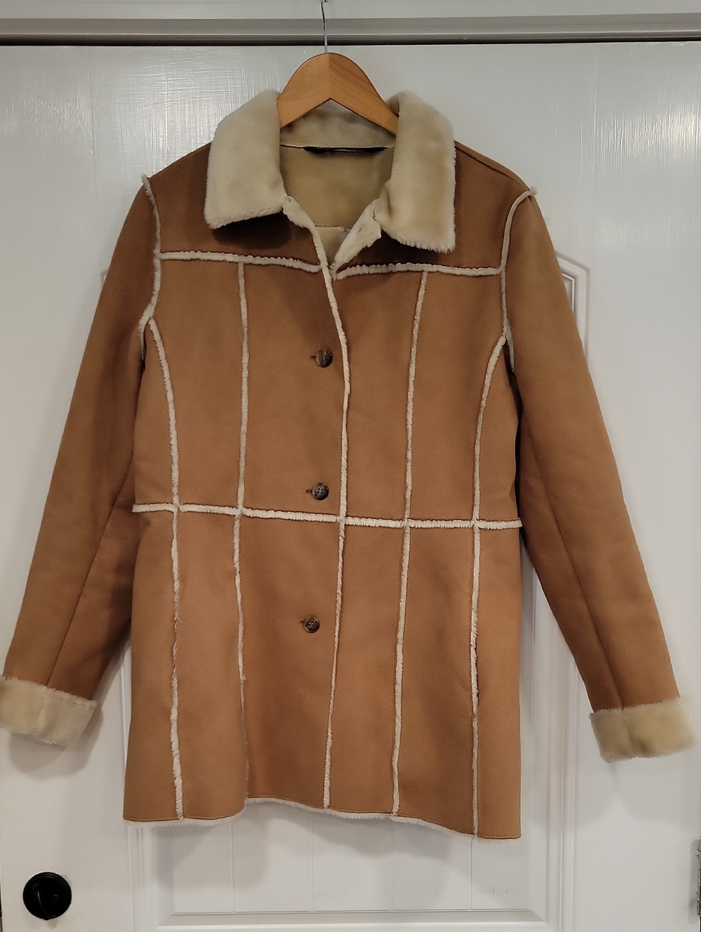 Marc New York Winter Faux Suede Coat Tan w/ Pockets Retro Style Size Large